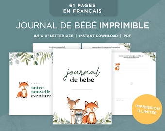 Journal de bébé / Printable Baby Book in French Download / français / Simple clean script themed - Animales