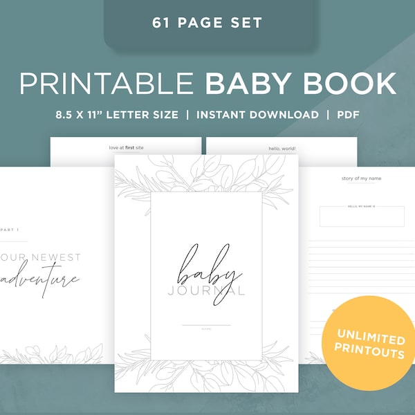 Printable Baby Book Pages / Keepsake Journal Baby’s First Year – Year Five / Instant Download / Newborn milestone book / floral script