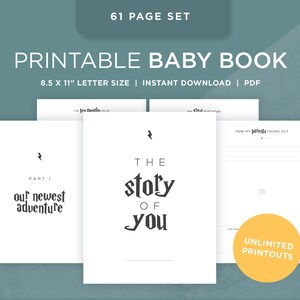 May include: A printable baby book with 61 pages. The cover features a black lightning bolt and the text "The story of you". The book is 8.5 x 11 inches and is an instant download in PDF format.