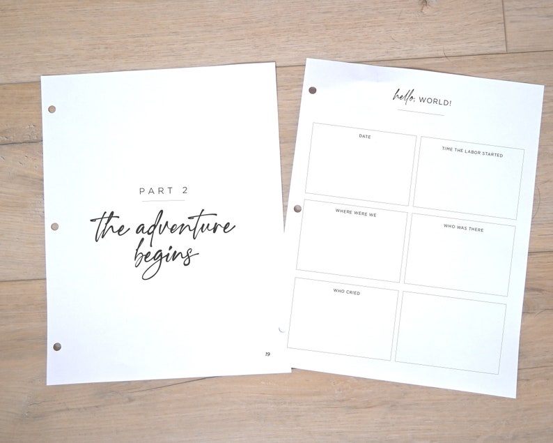 May include: A printable journal page with the text "Part 2 the adventure begins" and a section titled "hello WORLD!" with spaces to fill in the date, time labour started, where you were, who was there, and who cried.