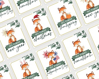Personalized Woodland Animal Baby Holiday milestone Card Set / Customizable name / Instant Download / Printable