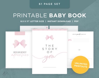 Printable Baby Book Pages / Keepsake Journal for Baby’s First Year – Year Five / Instant Download / Newborn milestone book / Girl Pink bow