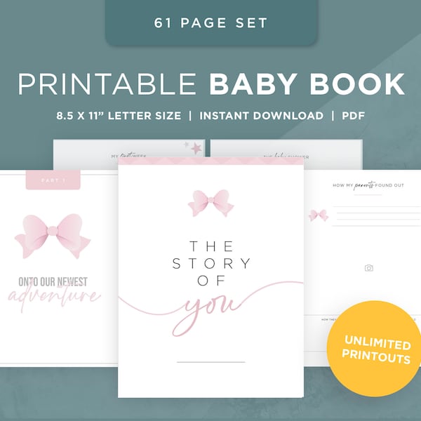 Printable Baby Book Pages / Keepsake Journal for Baby’s First Year – Year Five / Instant Download / Newborn milestone book / Girl Pink bow