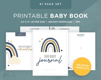 Printable Baby Book Pages / Keepsake Journal for Baby’s First Year – Year Five / Instant Download / Newborn milestone book / Blue rainbow
