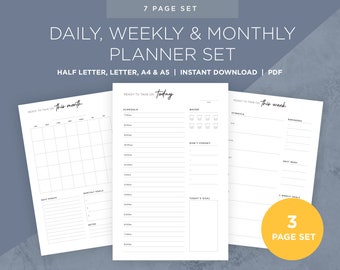 Printable, Blank Daily, Weekly and Monthly Calendar Set to Download | Minimalist Calendar | Clean template | Ready to take on the day