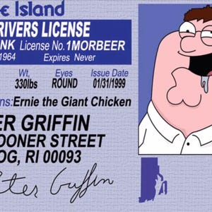 Padre de Familia, Peter Griffin Licencia de conducir en una tarjeta de PVC