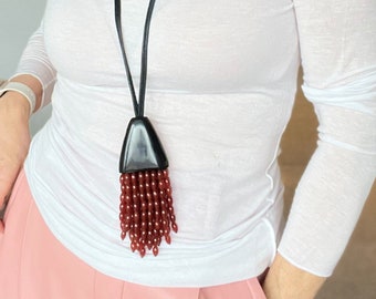 Long necklace with gemstone tassel, red acorn beaded tassel necklace, oversize carnelian tassel pendant necklace