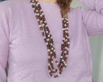 brown obsidian beaded necklace, multi strand brown and pink beaded necklace, long gemstone bead necklace,