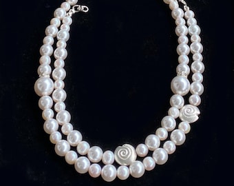 Long pearl necklace, white pearl necklace