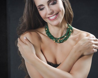 Multistrand gemstone necklace, Green statement necklace, green aventurine necklace, Green multistrand choker necklace