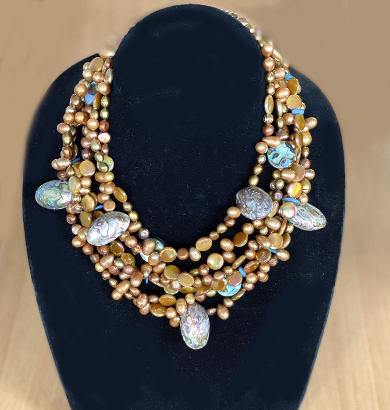 handmade bead brown Necklace Statement beaded brown pearl necklace pearl golden brown chunky necklace multi strand bib brown necklace