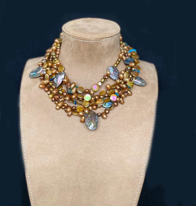 handmade bead brown Necklace Statement beaded brown pearl necklace pearl golden brown chunky necklace multi strand bib brown necklace
