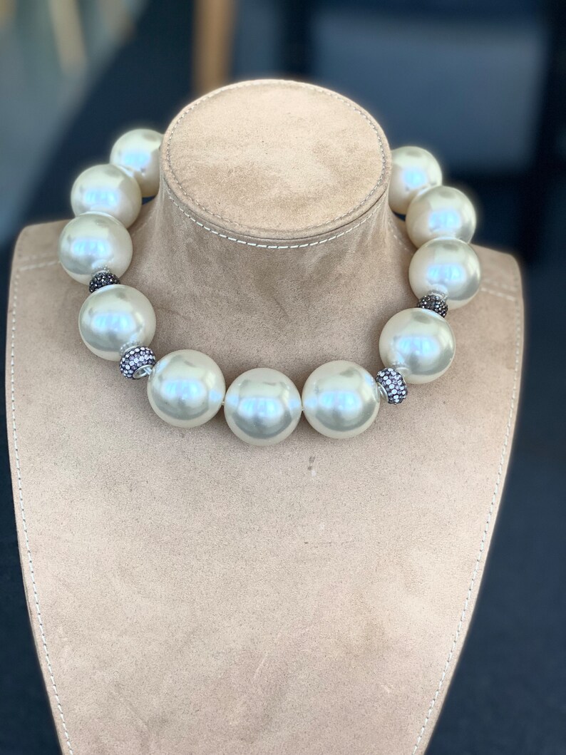 Trendy Large Faux Pearl Necklace With Black Rhinestones Etsy