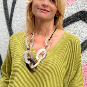 Oversized Horn Link Statement Necklace: Chunky Beige Leather Cord