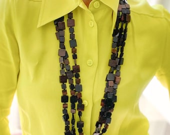 Handmade Layered Wood Bead Necklace: Boho Geometric Statement Jewelry