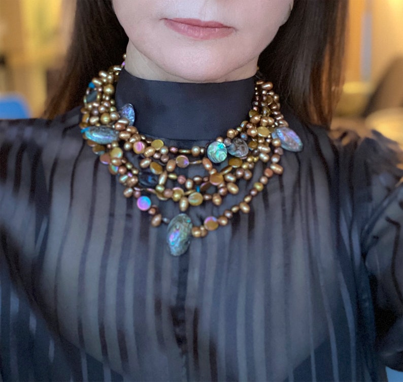 handmade bead brown Necklace Statement beaded brown pearl necklace pearl golden brown chunky necklace multi strand bib brown necklace