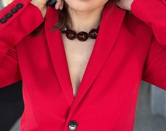 Red Resin Beaded Necklace, Chunky Statement Jewelry