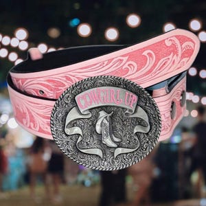 Western Floral Scott Cowgirl Pink Quartz Stone Belt Buckle White Leather Belt Angel Ranch® Girls main image 3