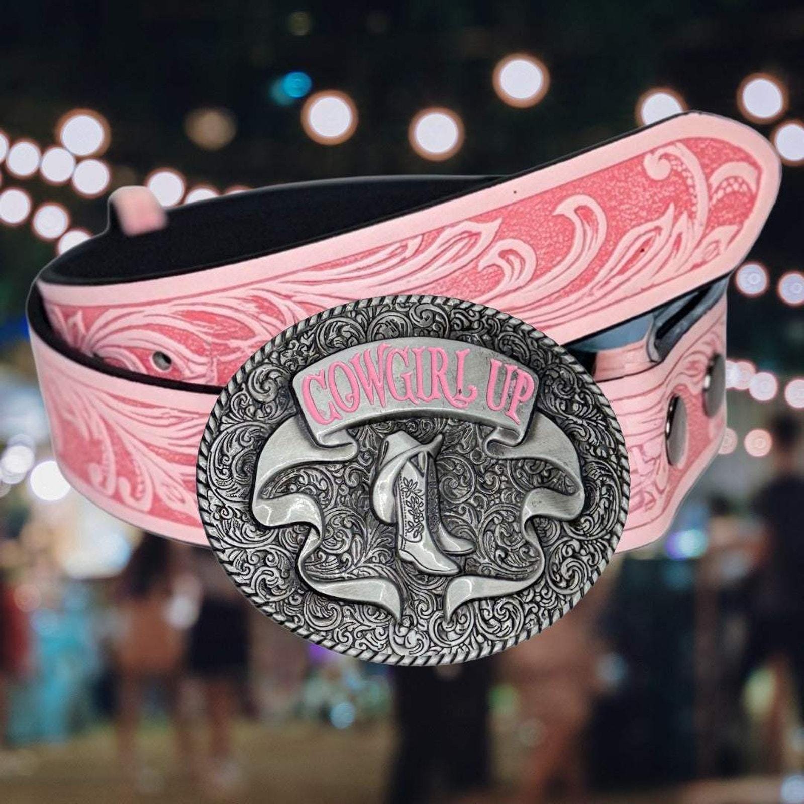 Western Blush Pink Textured Silver Tone Circle Belt Pink Sparkle Western Belt Girls Stones Buckle – RM Tack  main image 4