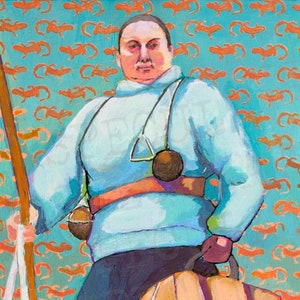 May include: A person wearing a blue sweater and dark pants stands against a background of orange and blue lizards. They are holding a long wooden staff, a white bag, and a brown leather suitcase.
