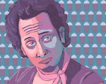 May include: A digital illustration of a person with purple hair and a pink scarf. The person is wearing a purple sleeveless shirt. The background is a pattern of blue and white cups.