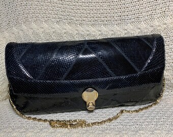 By Bags by Varon Vintage Dark Blue Leather Clutch Bag with Hideable Strap