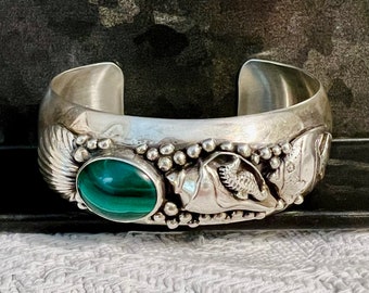 Vintage Carol Felley Sterling Silver Malachite Nautical Fish Seashell Ocean Marine Sea Life Cuff Bracelet Native American