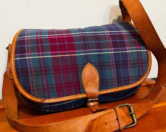 Rare Ralph Lauren Polo Style Madras Plaid & Genuine British Tan Leather Handbag Shoulder Bag Flap Saddle Satchel