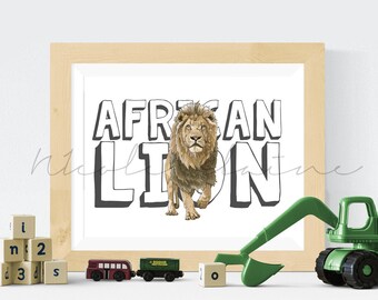 Impression d'art aquarelle lion, décoration de chambre d'enfant africaine