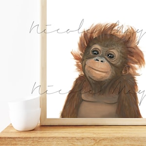 Orangutan watercolor print, Baby orangutan art, Baby nursery wall art, Rain forest theme room