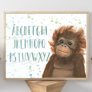 Orangutan alphabet print, Baby orangutan art, Baby nursery wall art, Rain forest theme room