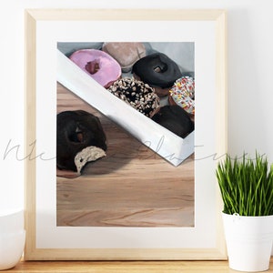 Donuts art print, Donut oil painting, Doughnut art print, Chocolate frost donuts artwork, Donuts with sprinkles art, Donuts with peanuts art