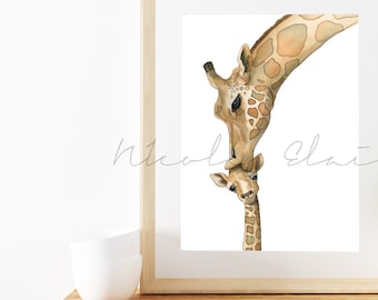 Stampa artistica acquerello di mamma e cucciolo di giraffa, decorazione da parete per la cameretta dei bambini