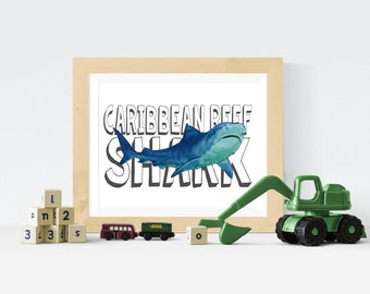 Blue Shark Watercolor Painting Print, Ocean Animal Artwork