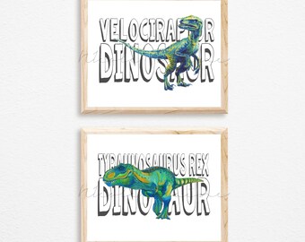Zestaw akwareli z dinozaurami, T-Rex i Raptor, dekoracja do pokoju dziecięcego