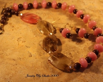 Brown and Rose Quartz Statement Necklace Set Simulated Tiger Skin, Handmade Jewelry, Beaded Necklace, Jewelry For Women, Gift Sets For Mom