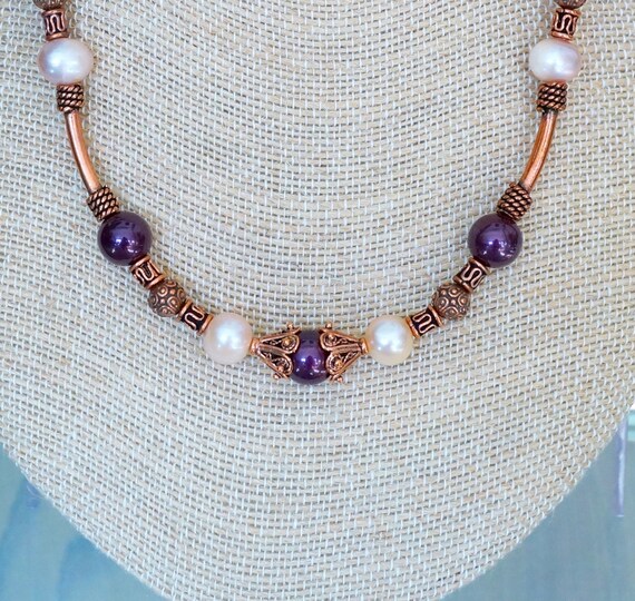 Free Shipping Copper Necklace with Freshwater Pearls and