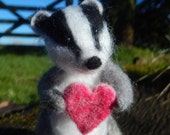 Needle felted Badger with heart or flower MADE TO ORDER