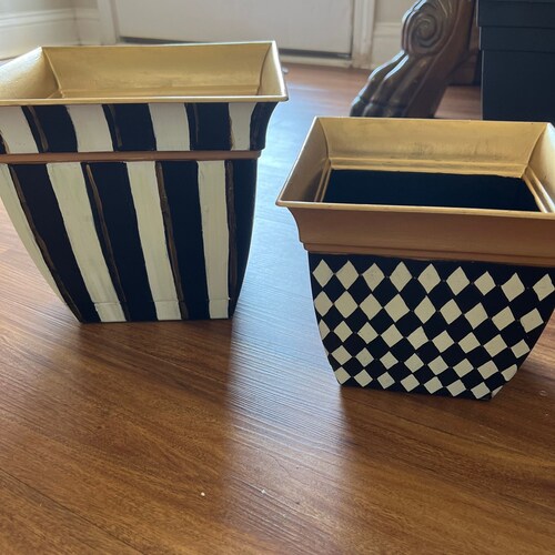 Whimsical Black and White Harlequin and Striped Planters Set Etsy