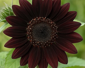 May include: A close-up of a dark burgundy sunflower in full bloom. The petals are a deep, rich color, radiating from a dark brown center. Green leaves and stem are visible in the background, creating a natural contrast.