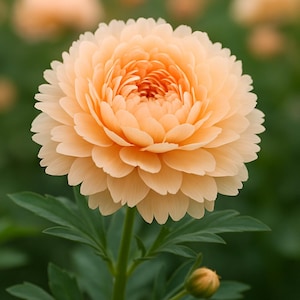 May include: A close-up of a peach-colored flower with multiple layers of delicate petals. The flower is in full bloom, showcasing a ruffled texture and a darker orange center. Green leaves and a bud are visible at the base of the stem.