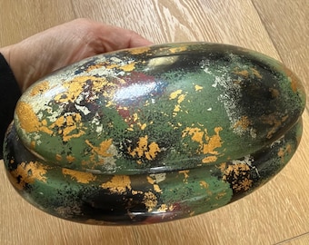 Montgomery Ward Vintage Ceramic Trinket Box Green Gold Silver Abstract Oval Lid