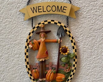 Vintage Fall Scarecrow Welcome Sign Harvest Pumpkin Sunflower Wall Decor 10in