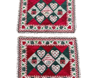 Vintage Christmas Quilted Placemats Set of 2 Merry From the Heart Lace Handmade