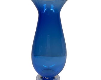 Signed Cobalt Blue Hand Blown Glass Vase Flared Rim Weighted Clear Base 10 inch