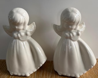 Vintage White Ceramic Angel Figurines Set of 2 Harp Playing Statues Glossy Glaze