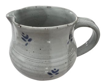 Vintage Studio Pottery Signed KH Blue Floral Salt Glaze Stoneware Creamer