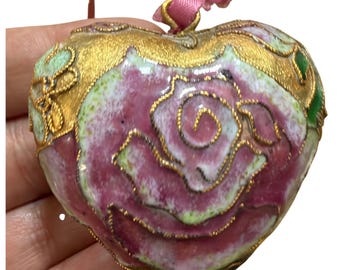 Vintage Cloisonne Heart Ornament Pink Rose Gold Filigree Enamel Floral 2 Inch
