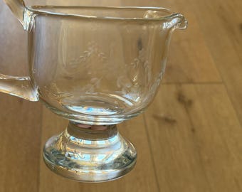 Vintage Etched Glass Creamer Pitcher Floral Pedestal Footed Clear Glass 4.5in