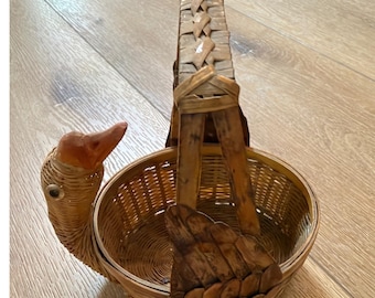 Vintage Wicker Goose Basket Hand Woven Bird Decorative Handle Brown Farmhouse